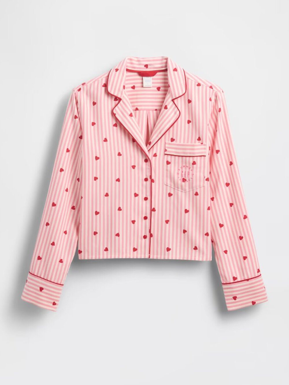 Pink and White Striped with Red Hearts Flannel Pajama Top